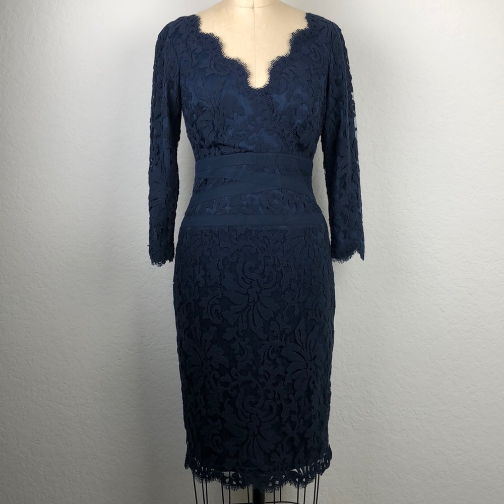 Tadashi Shoji Navy Blue Lace Cocktail Dress with 3/4 Sleeves, Size 6